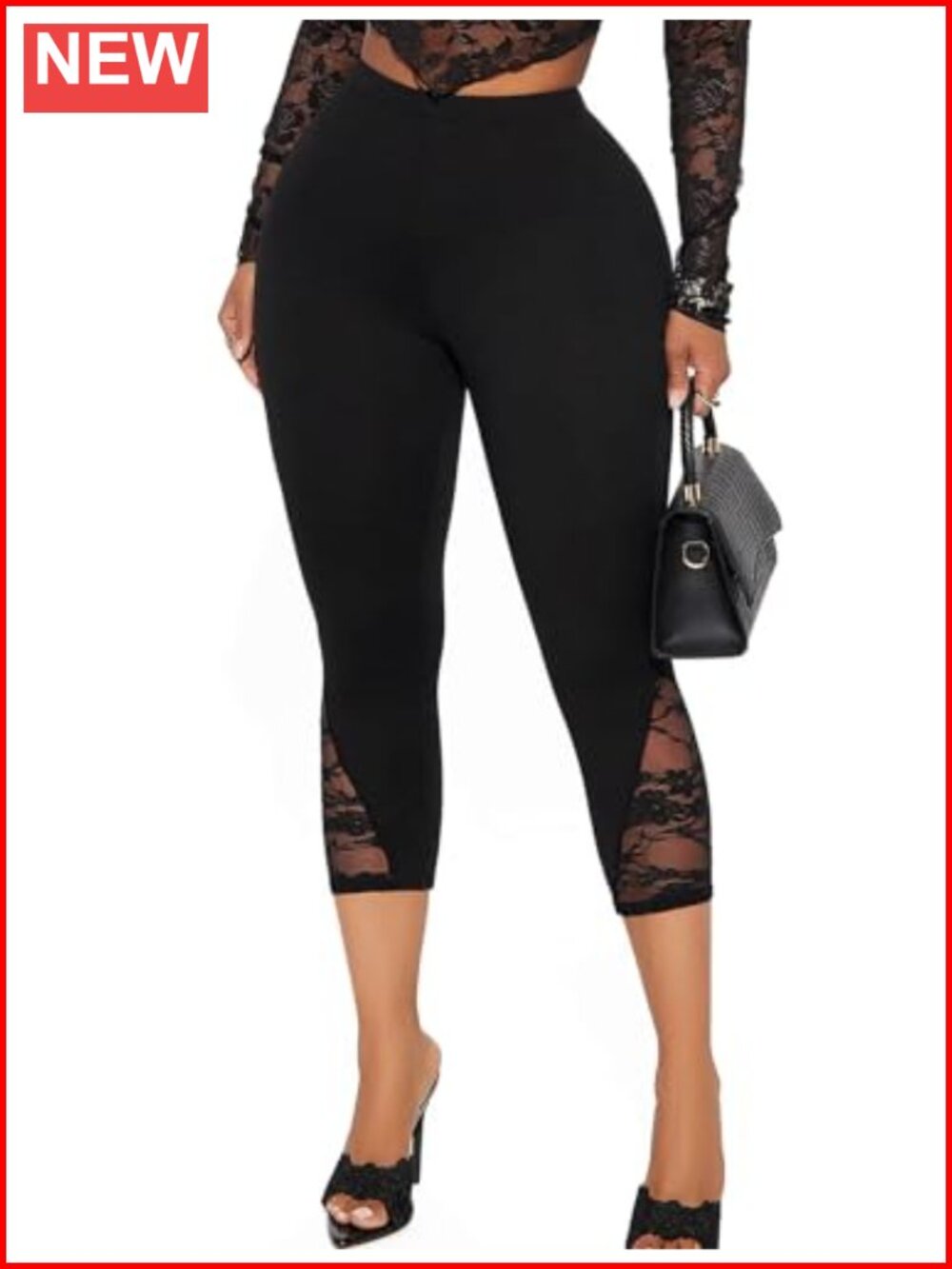 Women's High Waisted Lace Capri Leggings 3/4 Length Cropped Pants